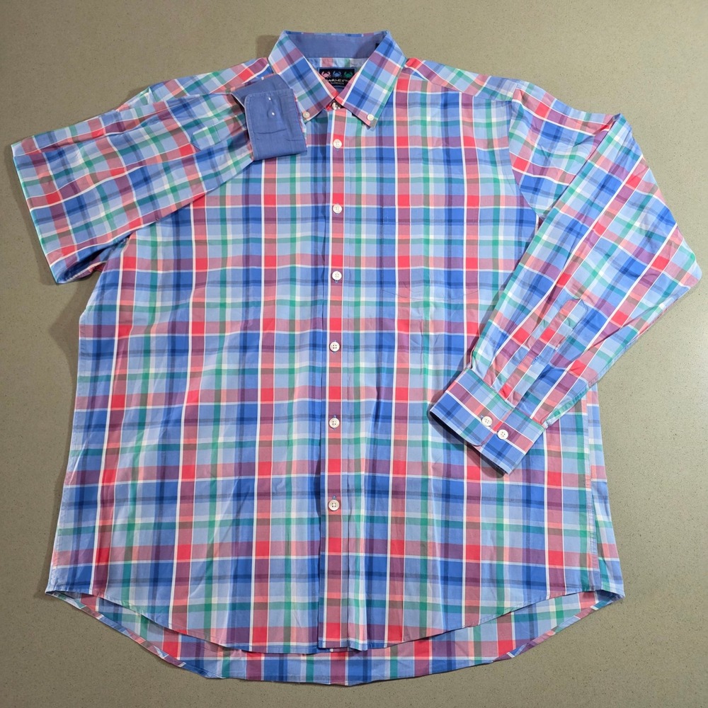 Charleston Threads Mens XL Plaid Button Down Shirt Blue Pink Green Cotton